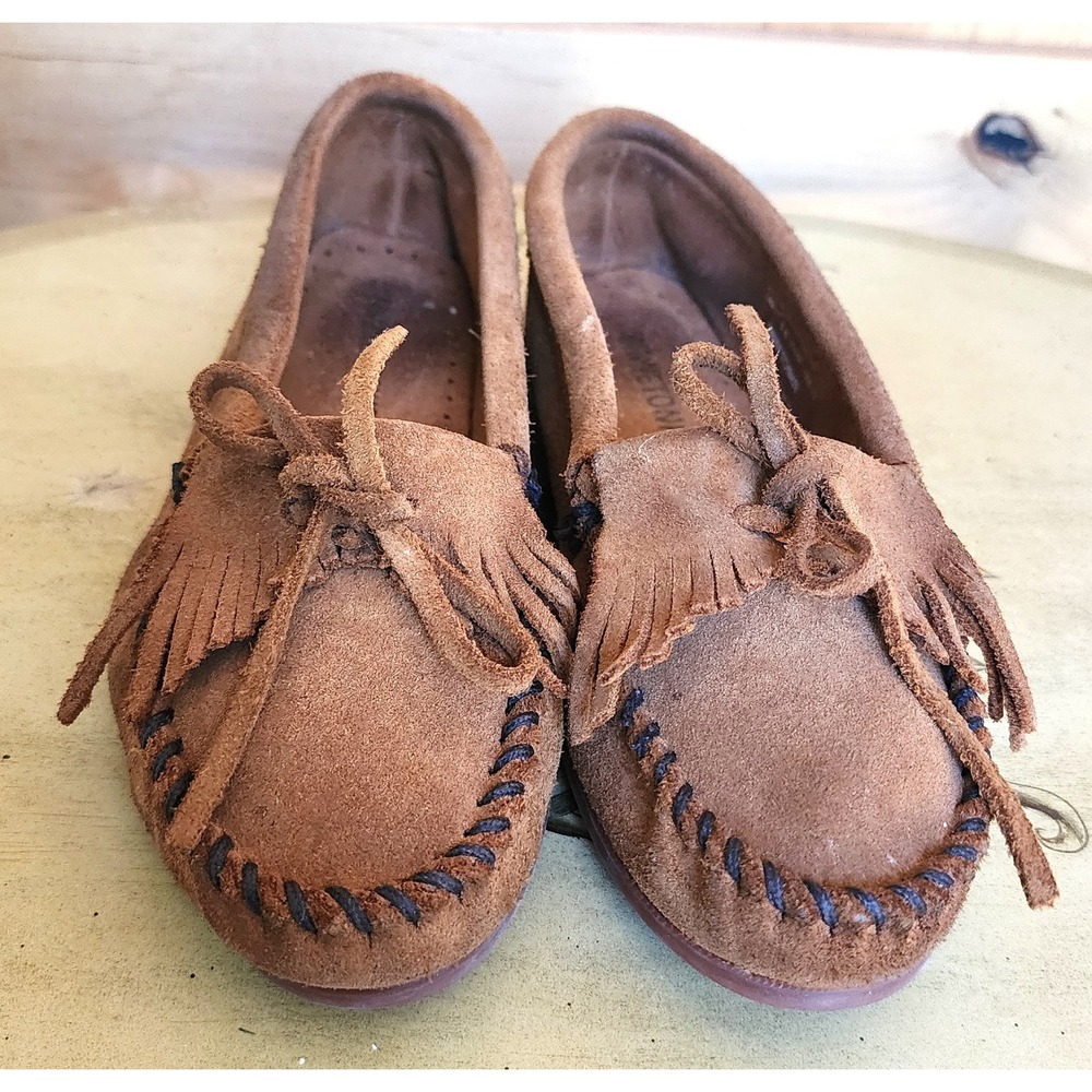 Minnetonka US 5.5 Brown Suede Moccasins Fringe Boho Bohemian 70s Slip Ons Shoes